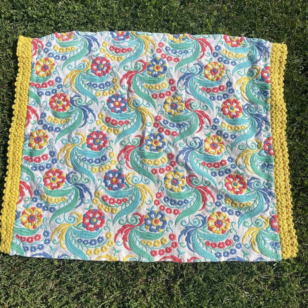 Vintage Embroidered Paisley Table Topper Tapestry Runner Eclectic Colorful 24x30